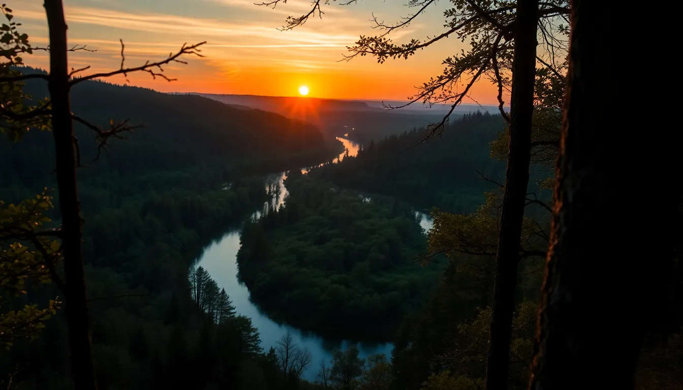 Winding River Through Forest at Sunset