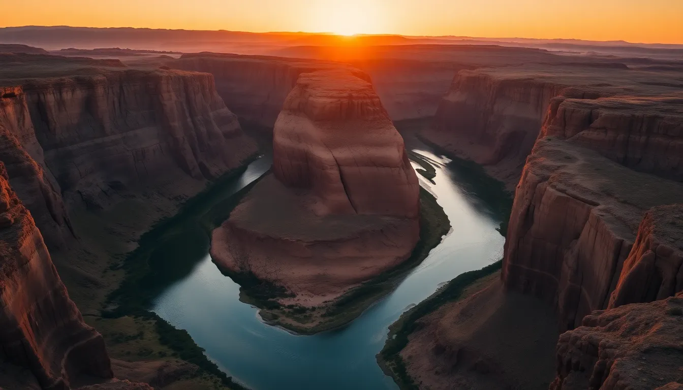 Winding River Through Canyon at Sunset