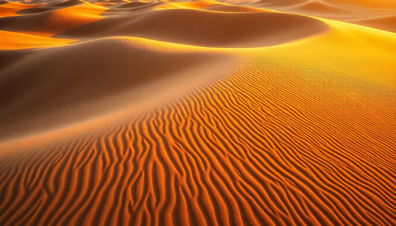 Aerial Shot of Golden Desert Dunes
