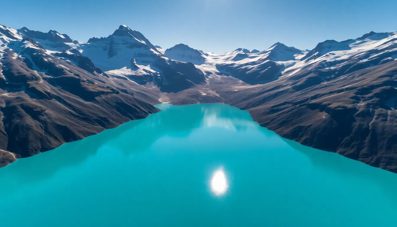Mountain Range with Glacial Lake Aerial View