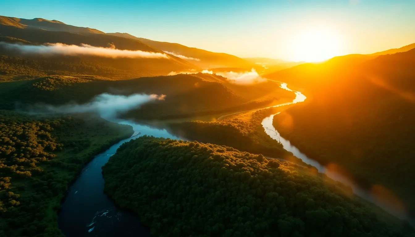 Aerial Sunrise Over Winding River