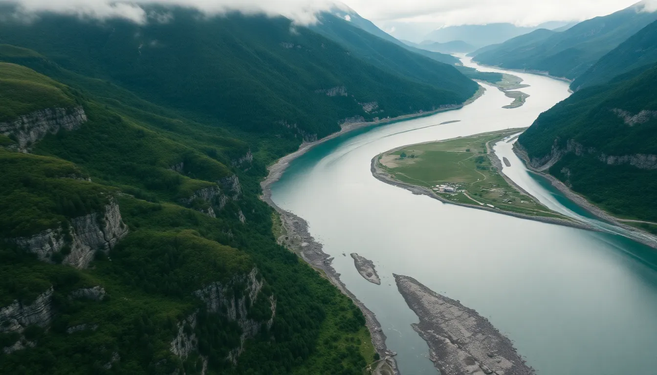 Aerial River Winding Through Mountains