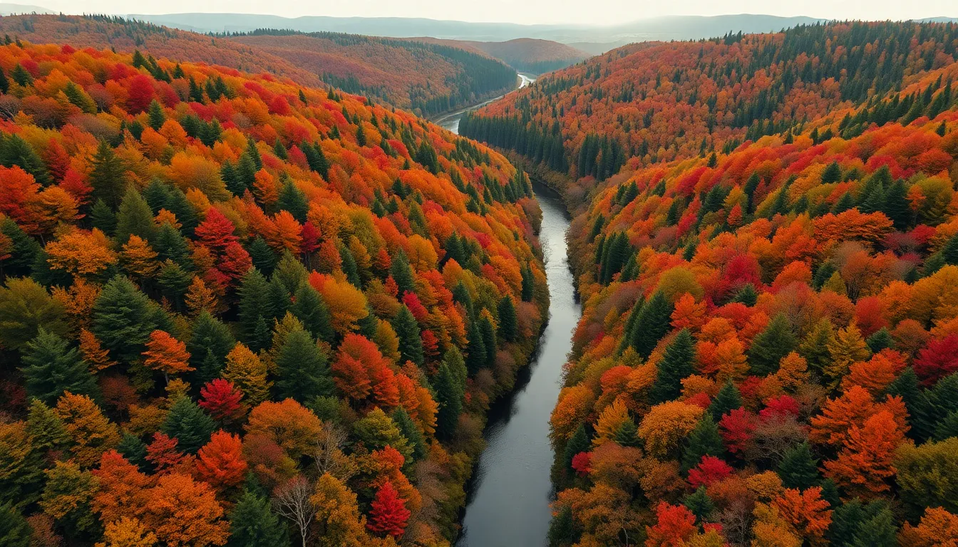 Aerial View of Autumn Forest with River