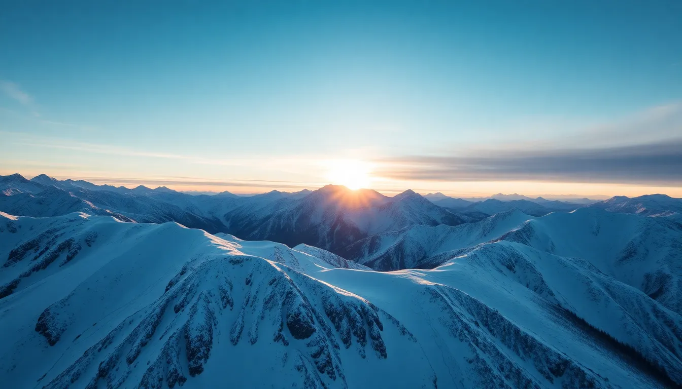 Aerial Sunrise Over Snowy Mountains