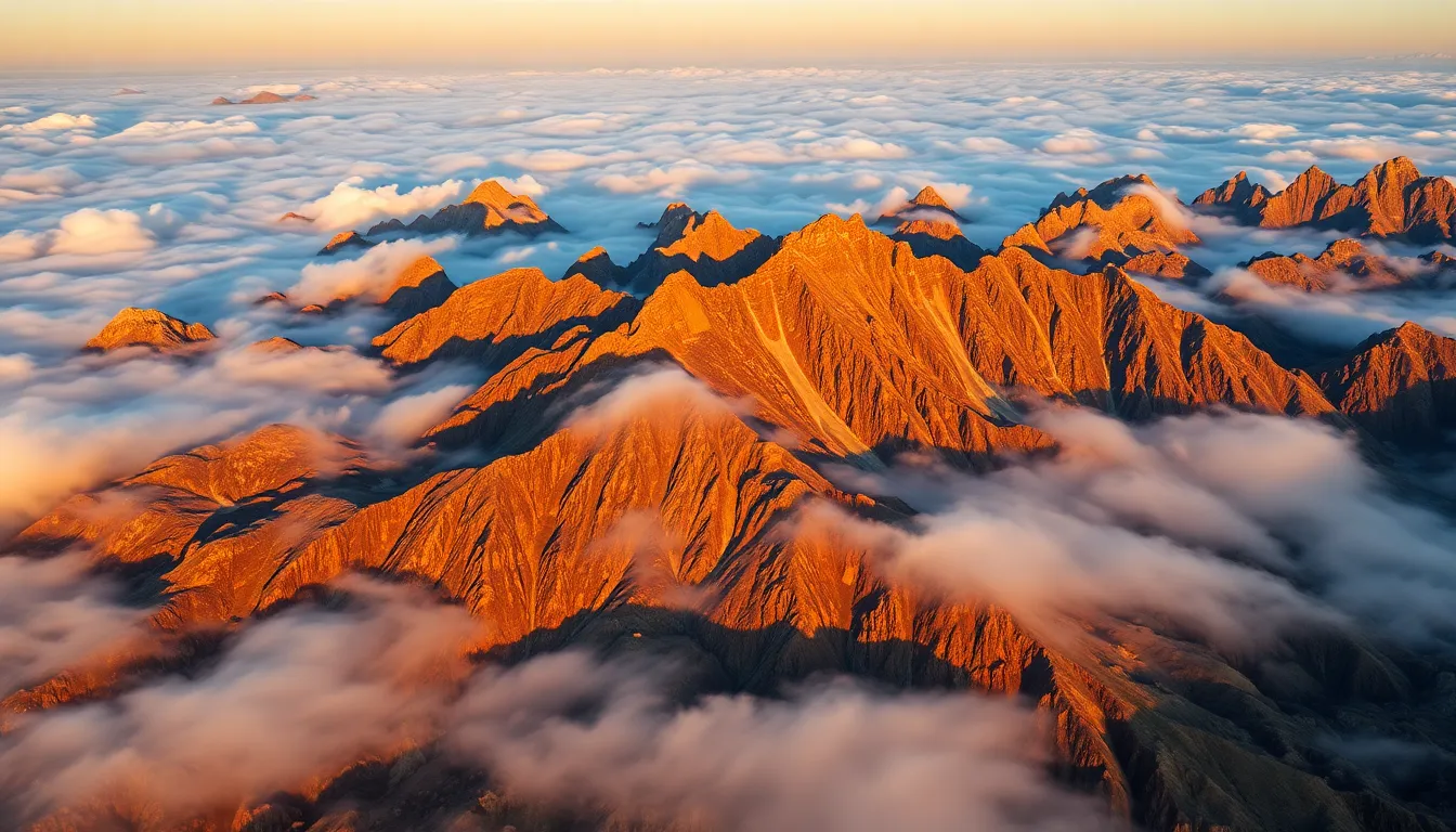 Dramatic Mountain Range Aerial View at Sunrise