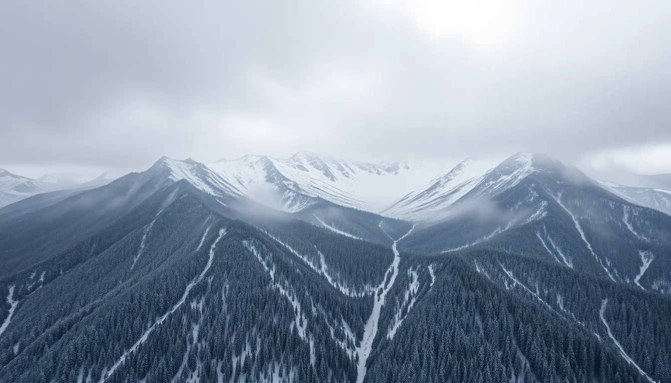 Snowy Mountain Range Aerial View