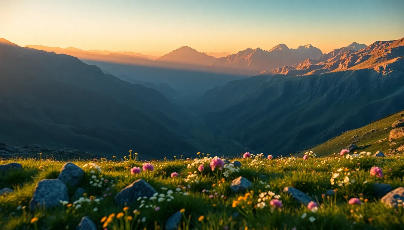 Sunrise Over Mountainous Terrain Aerial Shot