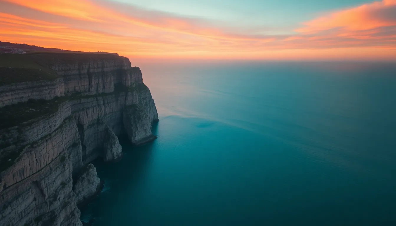 Coastal Cliffs at Sunset Aerial Shot
