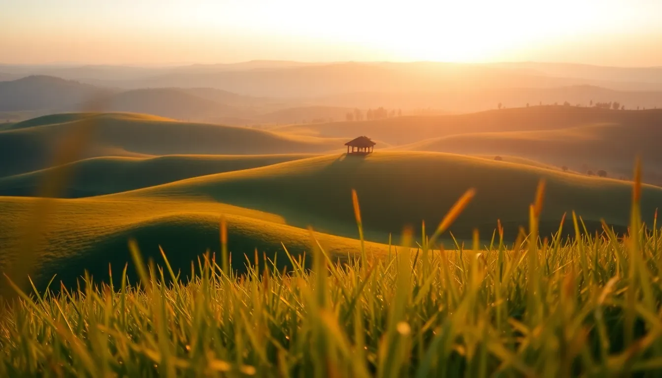 Aerial View of Lush Rolling Hills at Sunrise