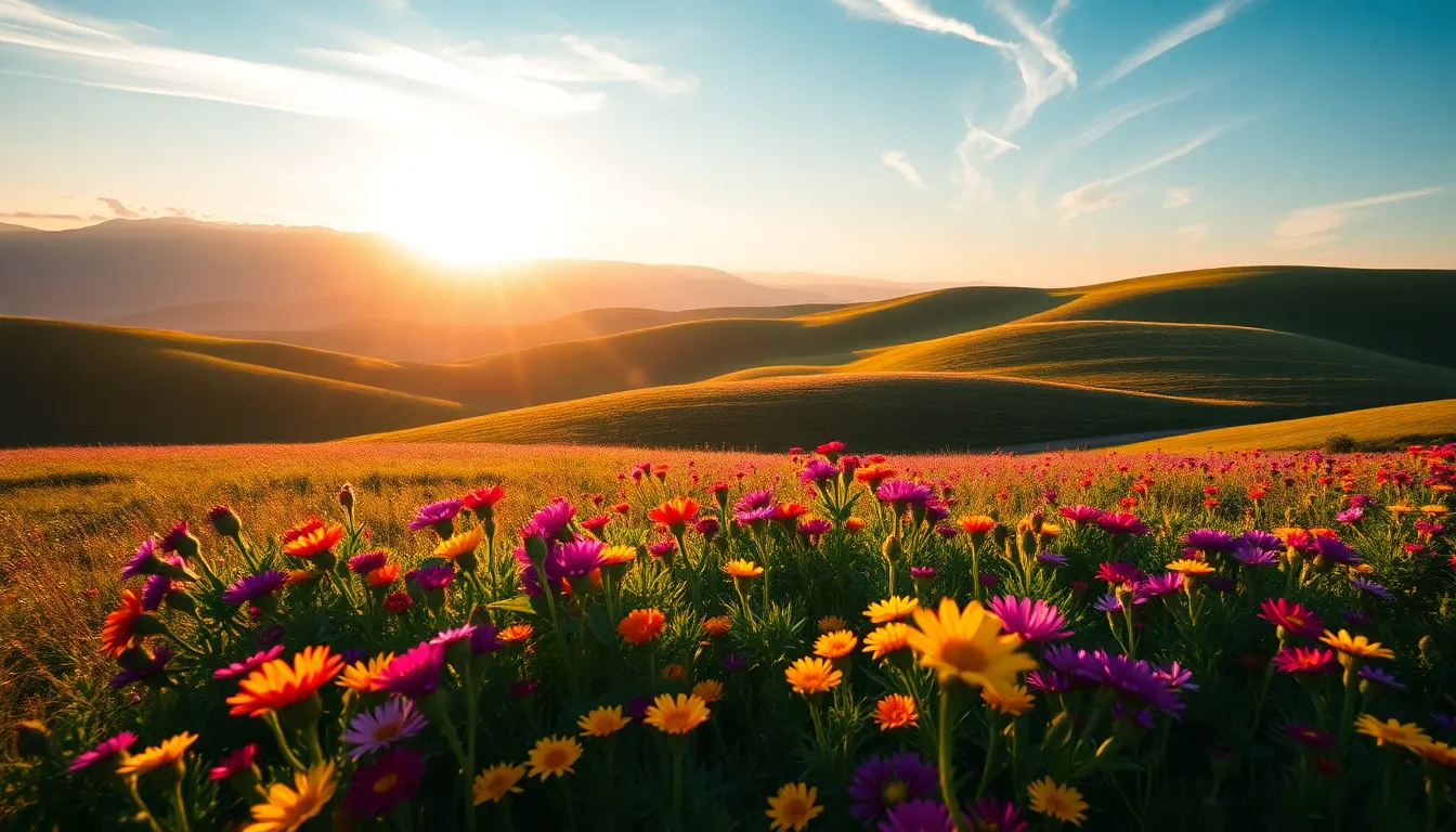 Aerial View of Wildflower Covered Hills at Sunrise