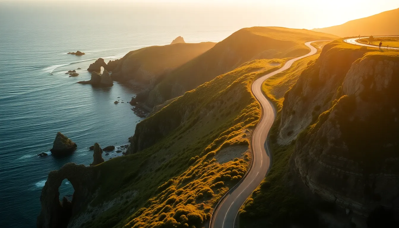 Aerial Coastal Road at Golden Hour