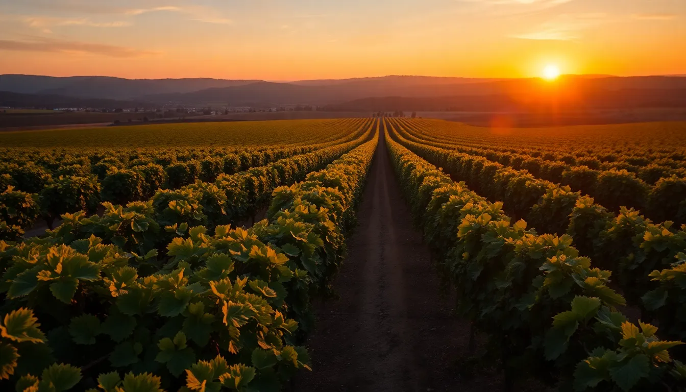 Aerial View of Vineyard at Sunset