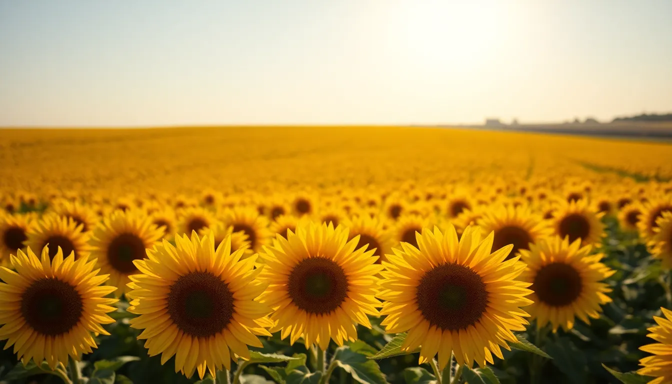Expansive Sunflower Fields Under Bright Sky