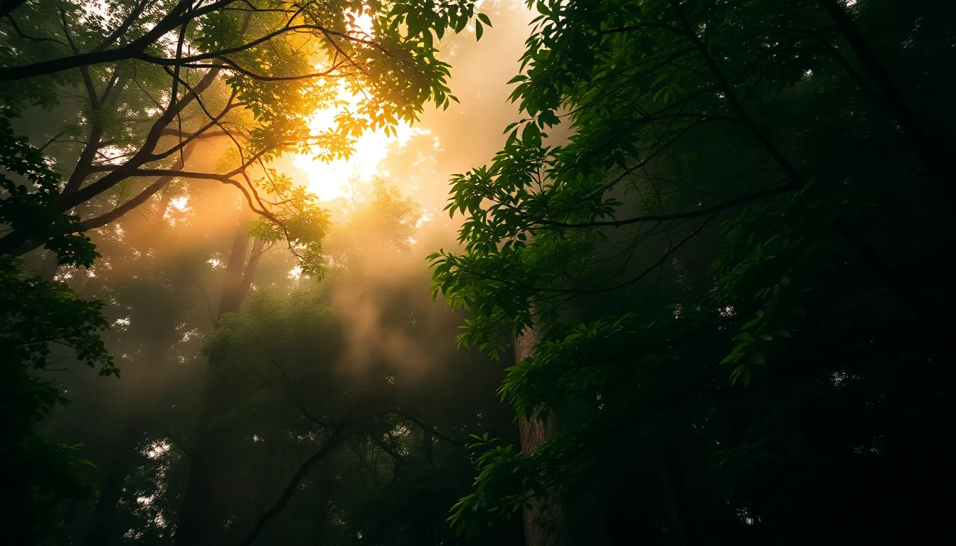 Ethereal Mist Over Dense Forest Canopy at Dawn