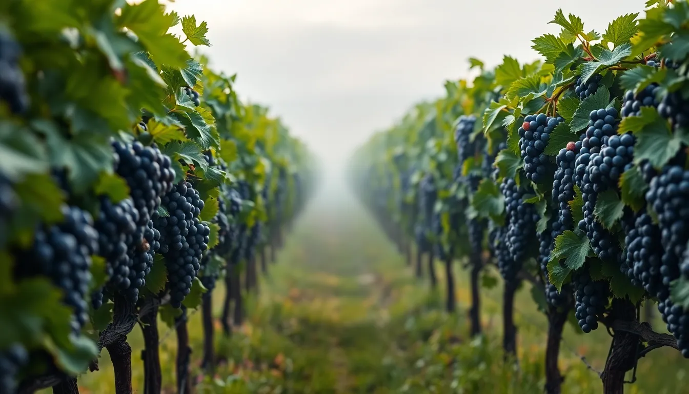 Vibrant Vineyard Landscape in Morning Mist