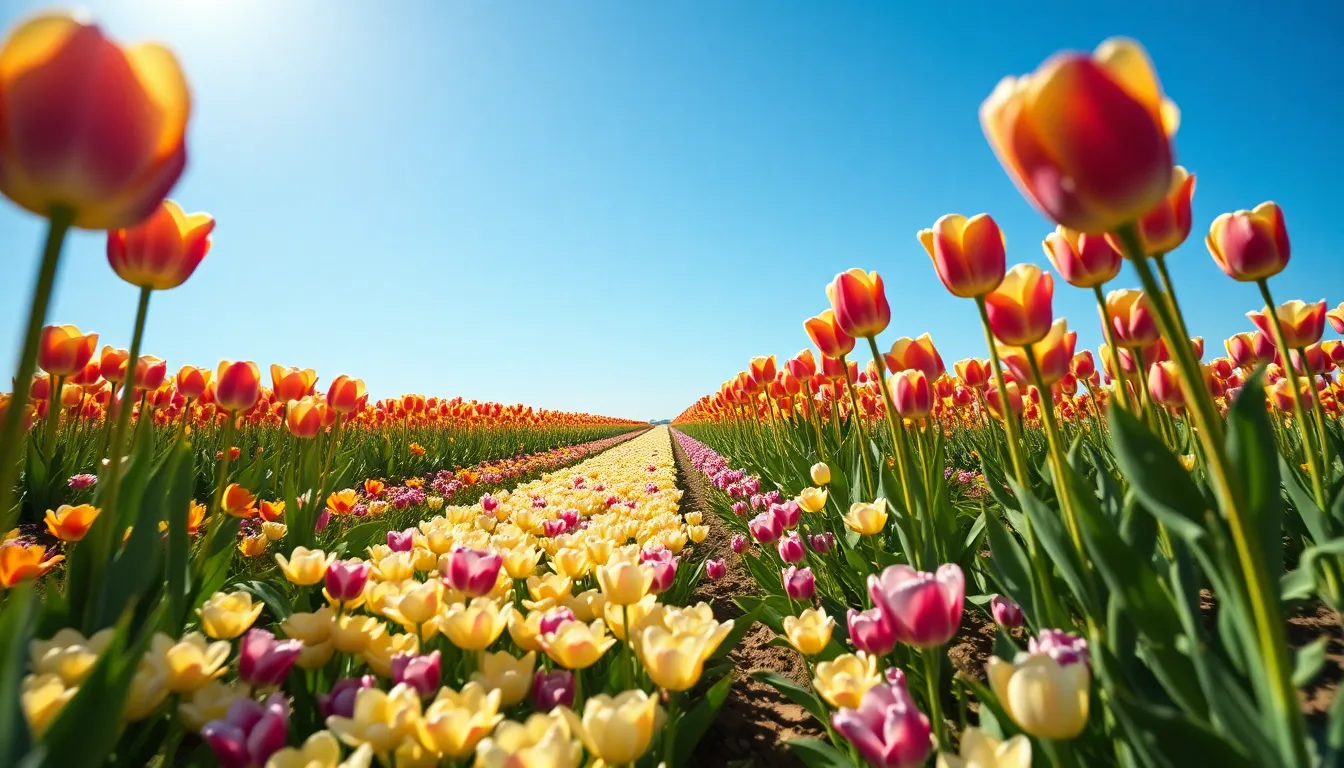 Aerial Perspective of Colorful Tulip Field This vibrant aerial image captures a stunning tulip field in full bloom, creating a colorful mosaic under the clear blue skies. The hyperfocal distance maintains sharp focus on the flowers, from the vivid foreground to the horizon. Enhanced by a Kodak Portra 400 color palette, the image highlights the warm tones of the tulips. The rows of flowers lead the viewer's gaze through this picturesque landscape, evoking a sense of joy and renewal.