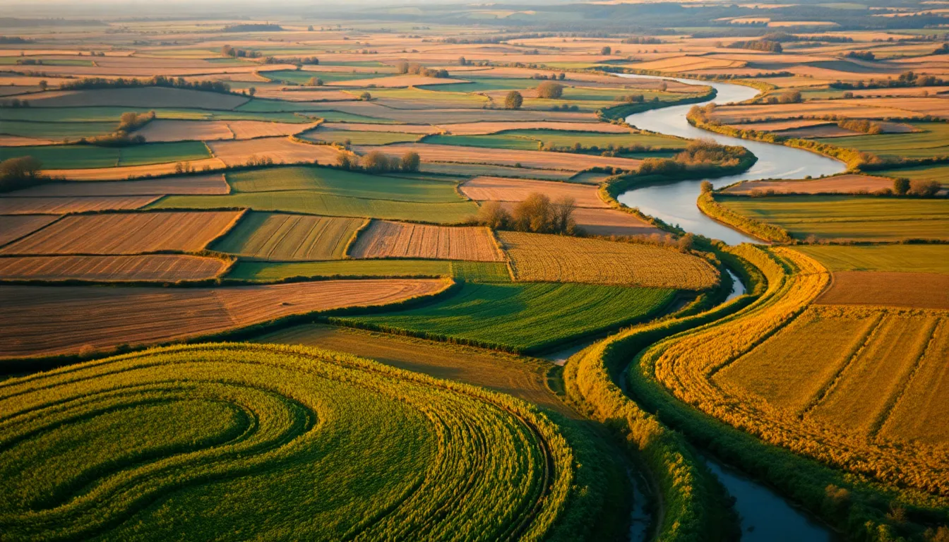 Aerial View of Patchwork Fields and River