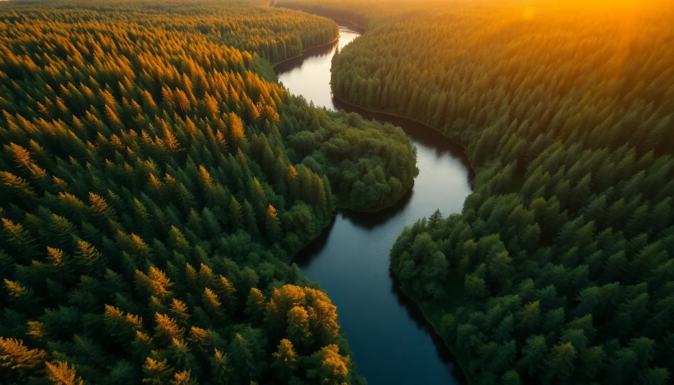 Aerial View of Winding River Through Forest