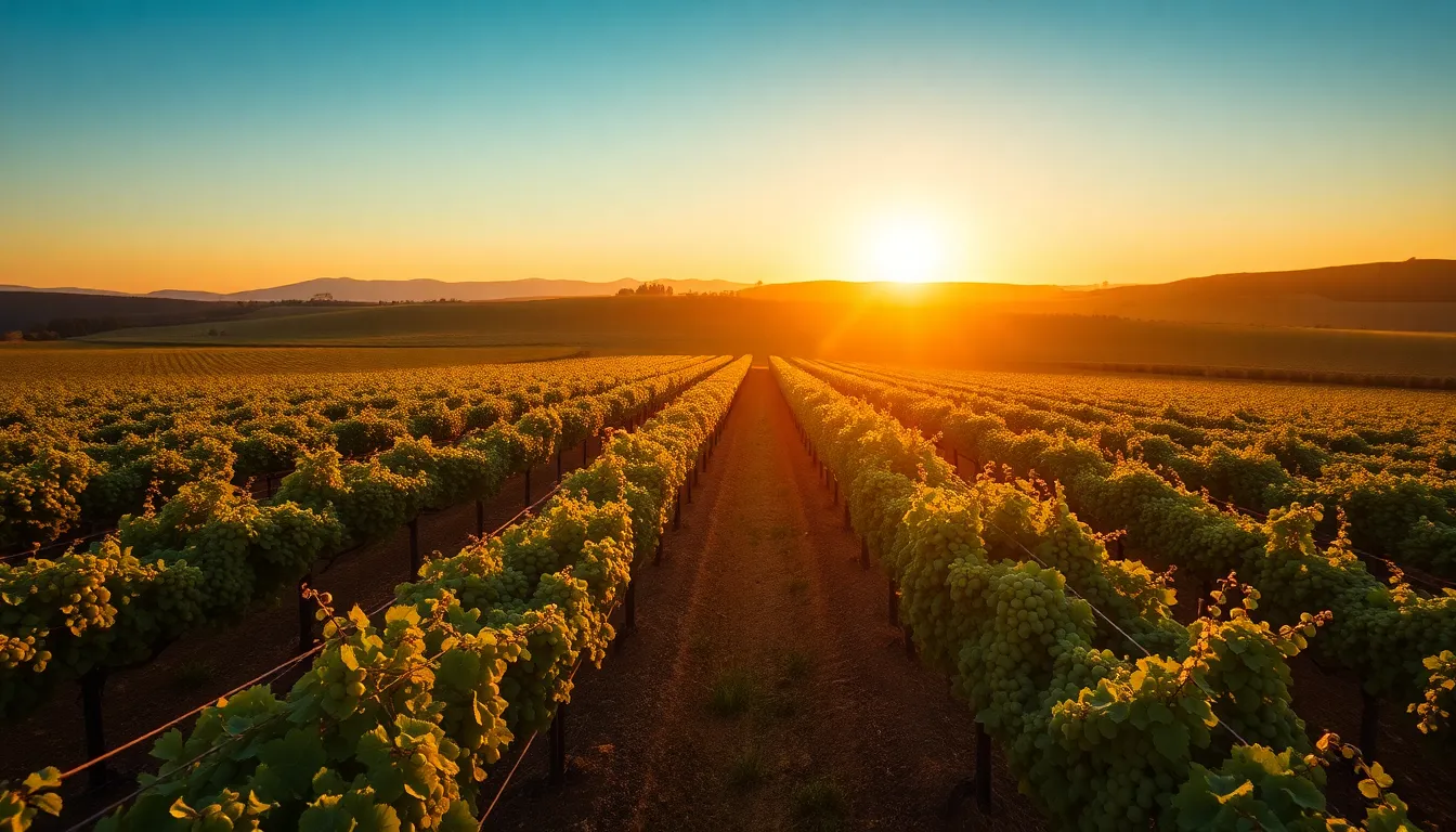 Aerial Shot of a Vineyard at Sunset