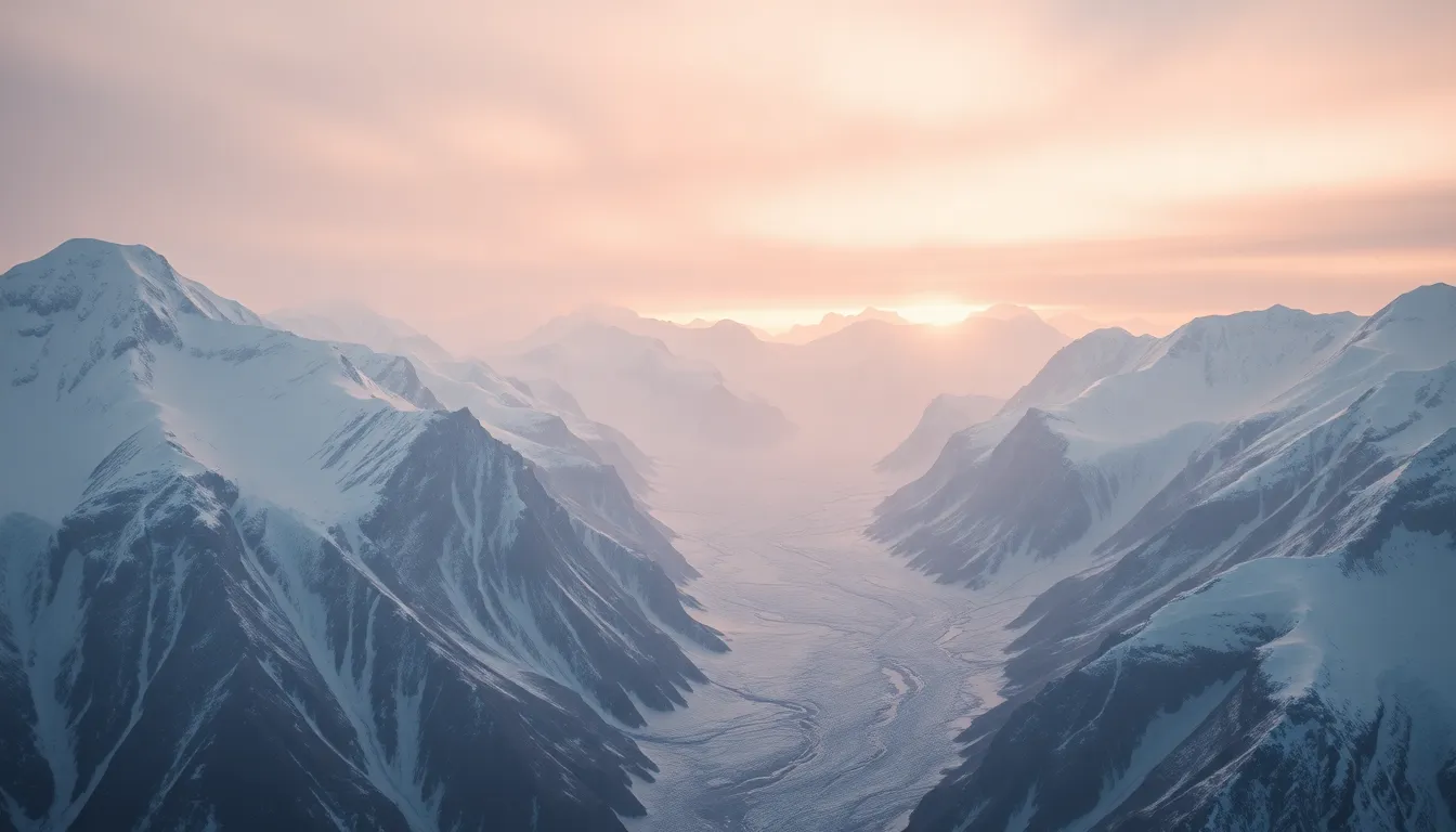 Aerial Perspective of Snow-Capped Mountains at Sunrise