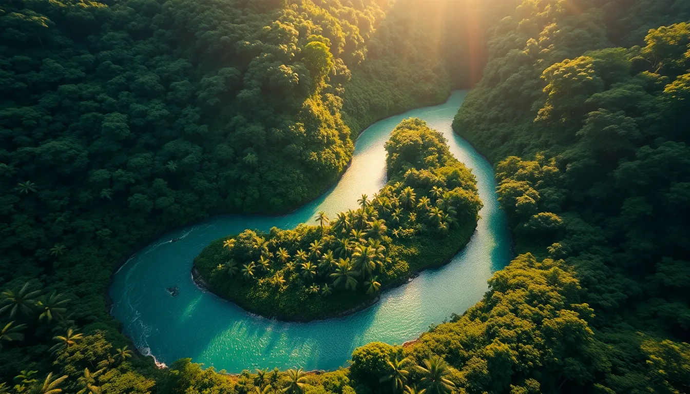 Aerial View of Winding Rivers Through Tropical Rainforest
