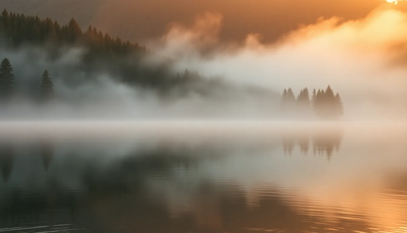 Aerial View of Tranquil Lakeside at Sunrise