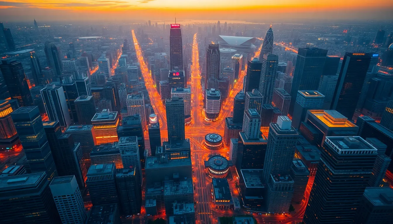 Aerial Urban Cityscape at Sunset