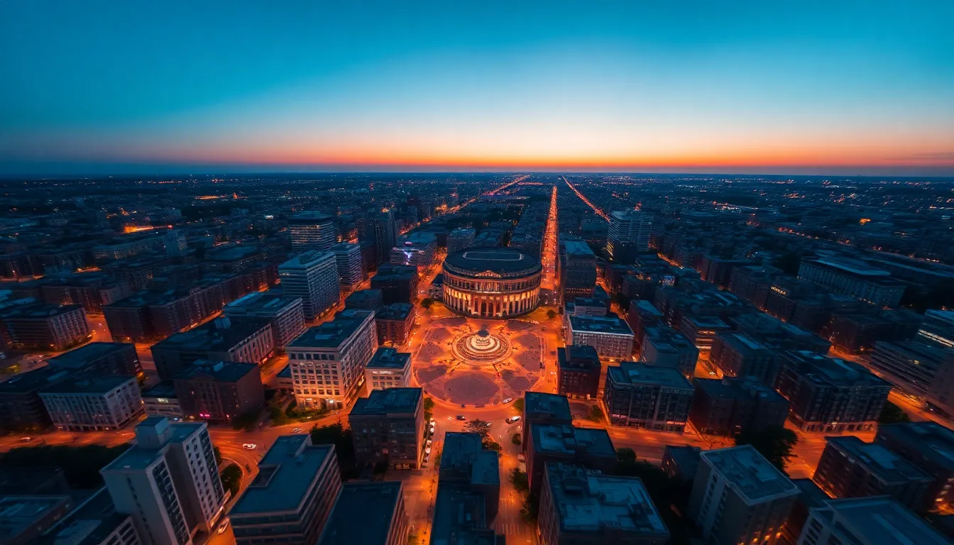 Vibrant Aerial Cityscape at Dusk