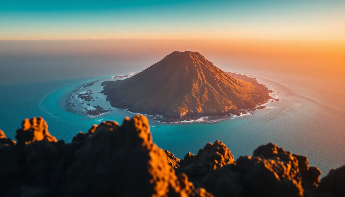 Aerial View of Volcanic Island at Sunset