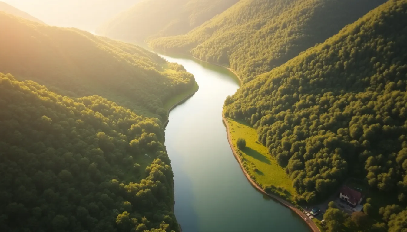 Aerial View of Winding River Through Green Valleys