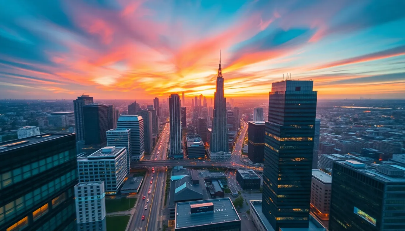 Cityscape at Dusk with Vibrant Sunset