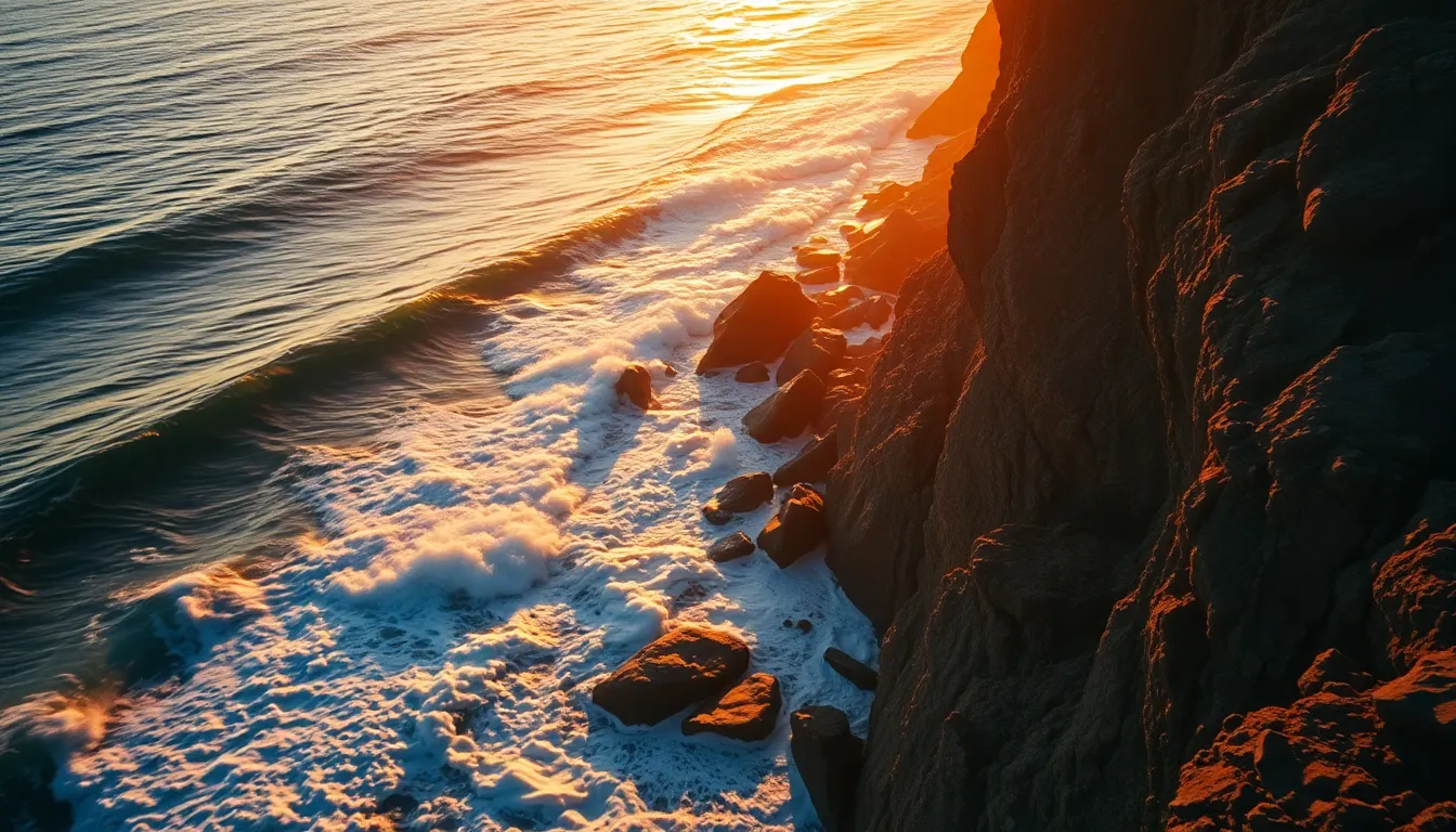 Dramatic Aerial View of Rocky Coastal Cliffs at Sunset
