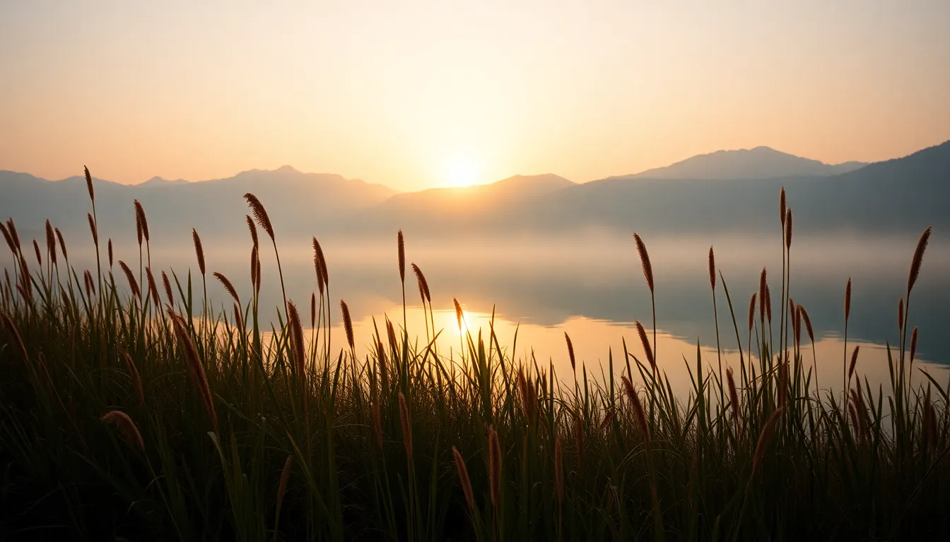 Misty Lake at Sunrise with Mountains
