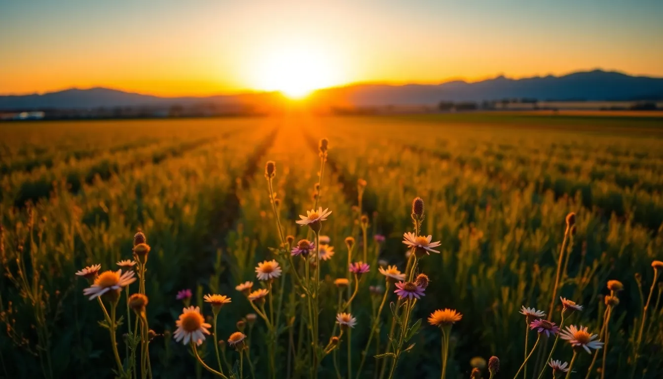 Golden Hour Over Aerial Fields of Flowers