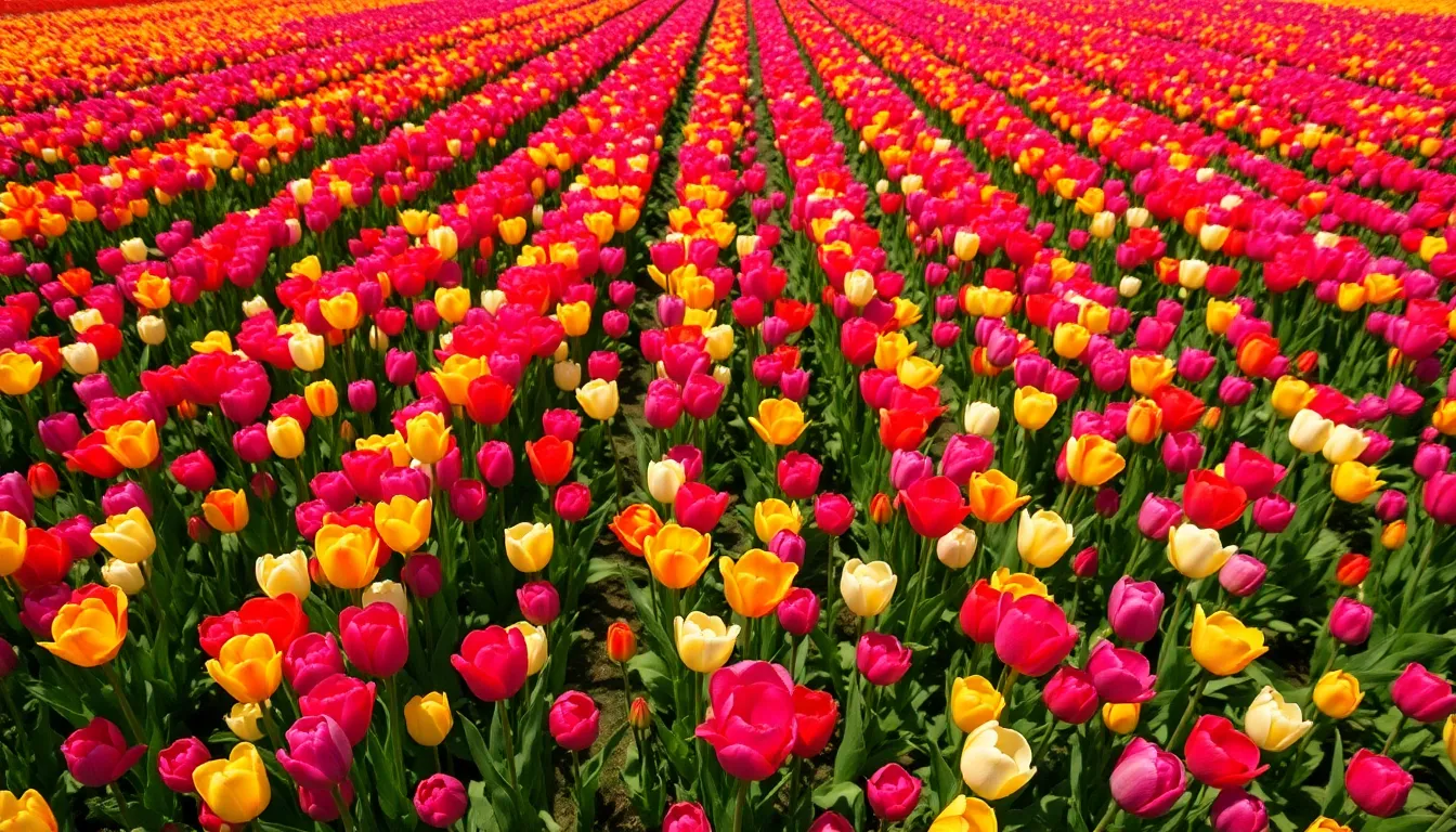 Aerial Capture of Colorful Tulip Fields in Spring