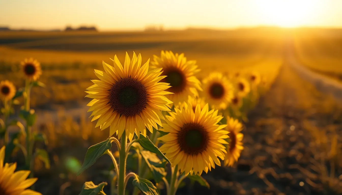 Aerial View of Blooming Sunflowers at Sunset