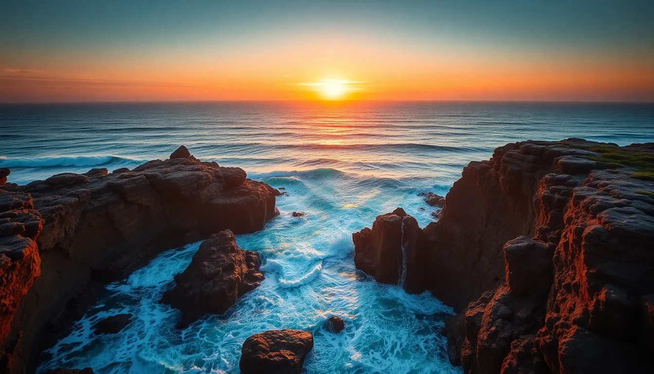 Dramatic Sunset Over Rugged Coastline