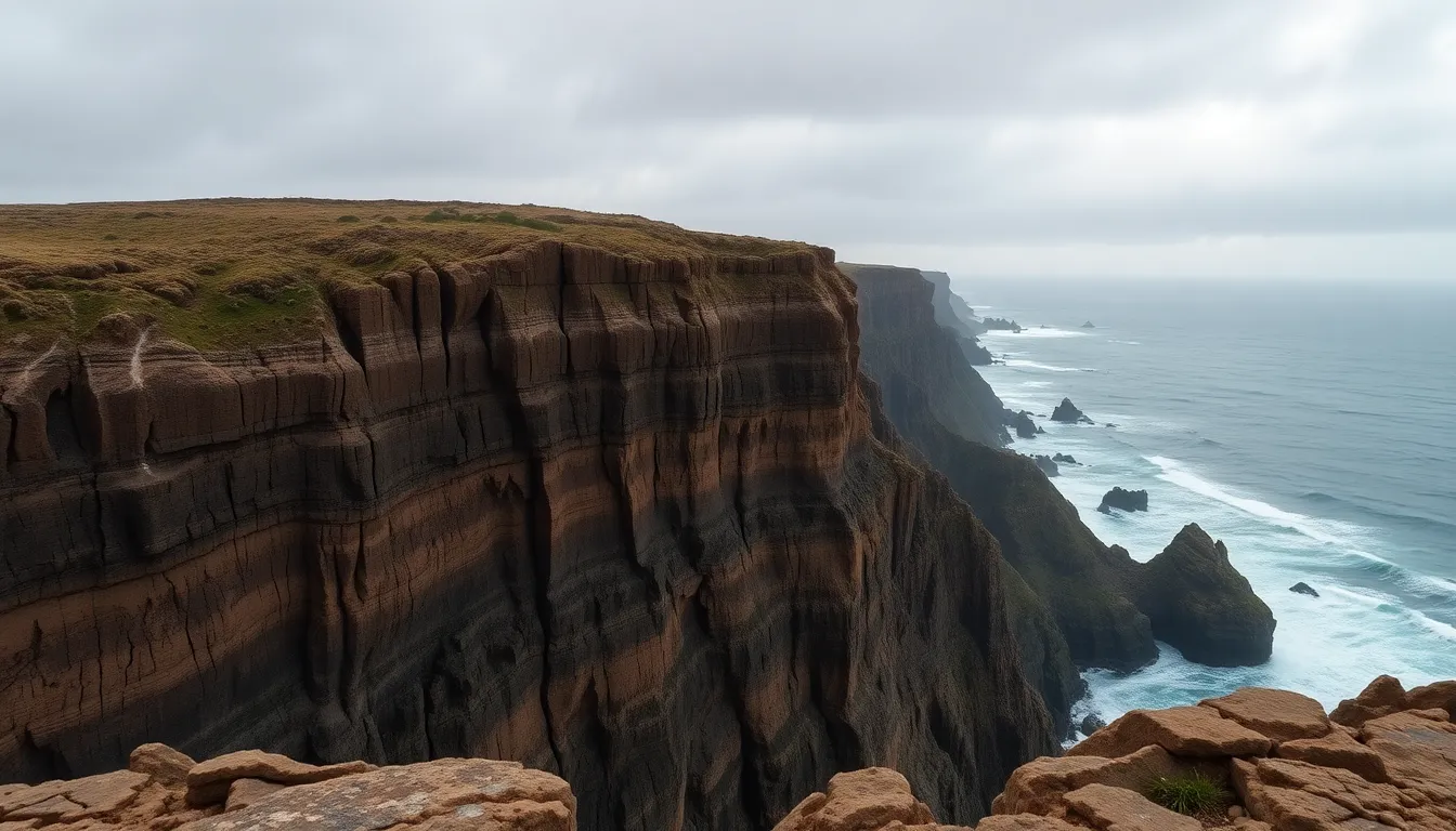 Aerial View of Dramatic Cliffs and Ocean Waves