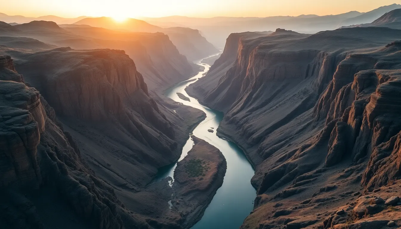 Aerial View of Winding River Through Mountains