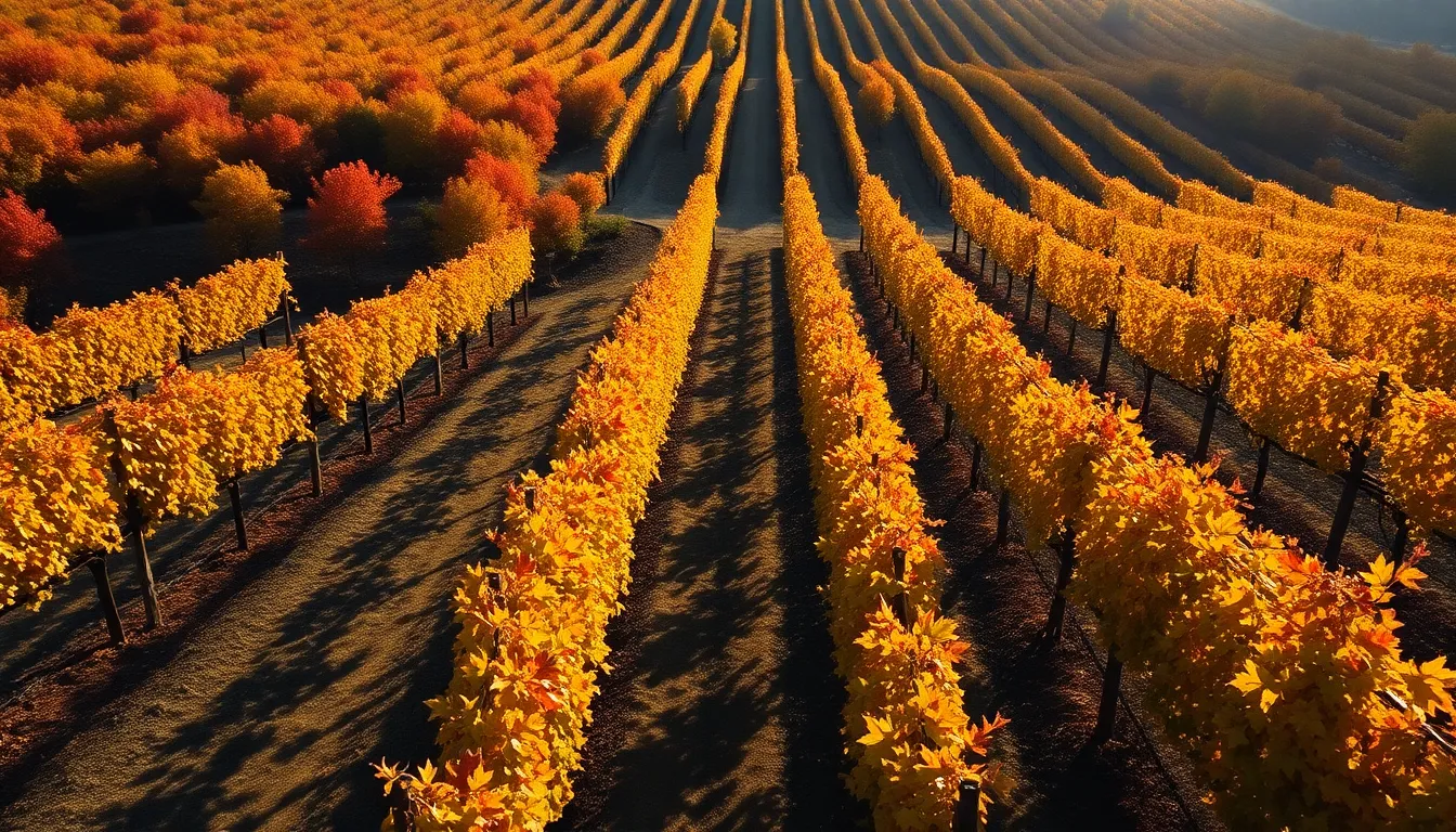 Aerial View of Autumn Vineyard Landscape