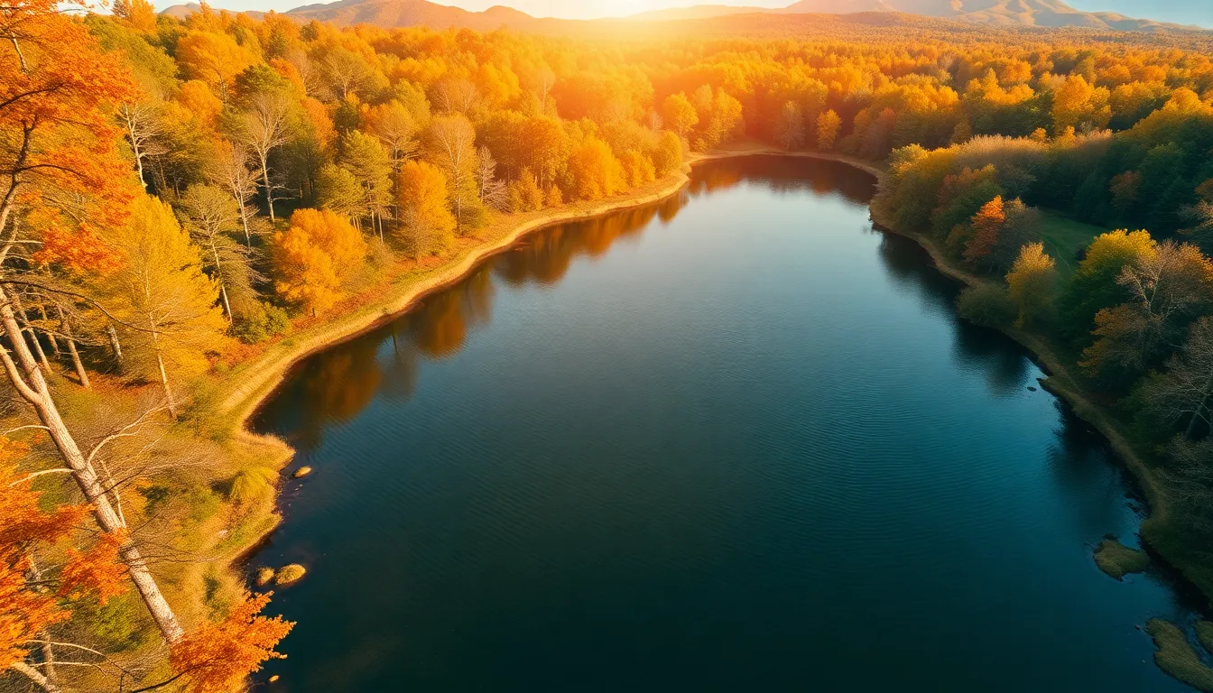 Aerial View of Autumn Foliage Surrounding a Lake