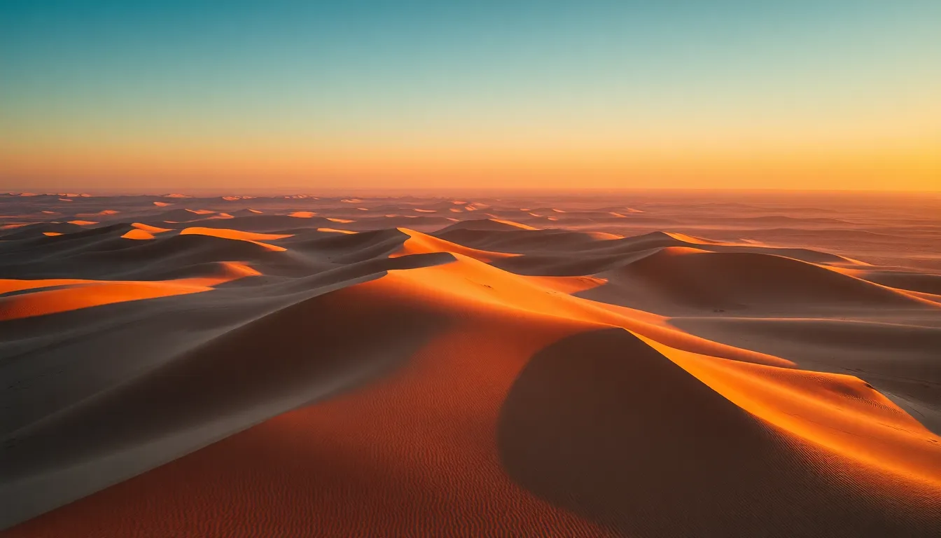 Aerial Sunset Over Desert Dunes
