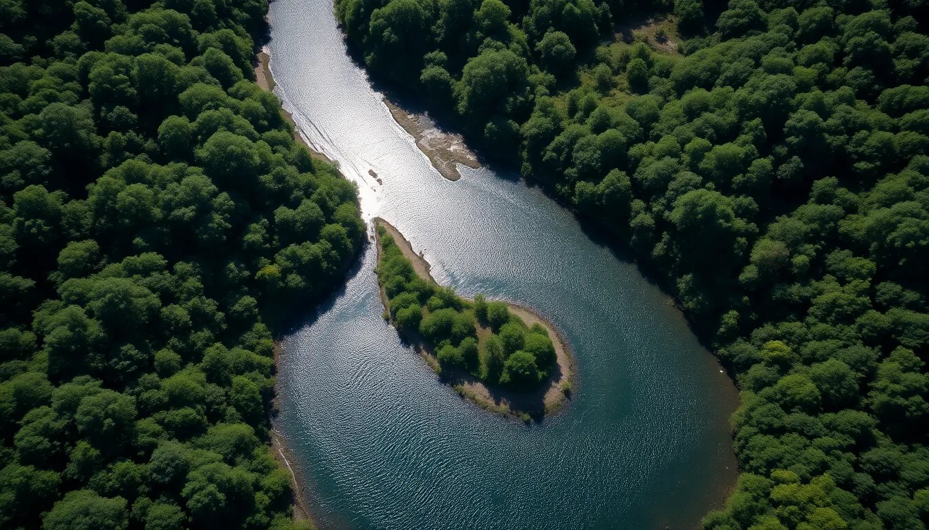 Aerial View of Winding River Surrounded by Greenery