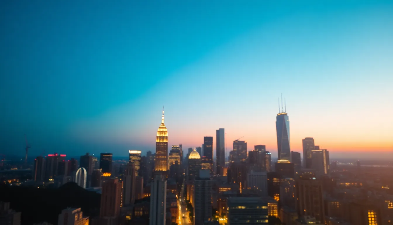 Twilight Aerial View of City Skyline