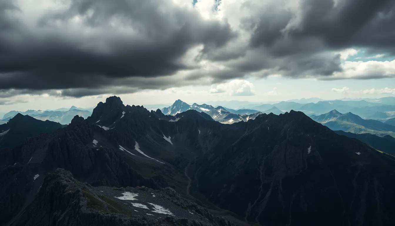 Dramatic Mountain Peaks Under Storm Clouds