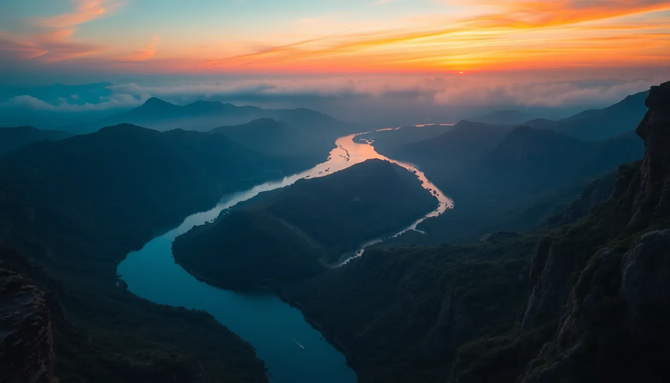 Vibrant Sunset Over Winding River Aerial View
