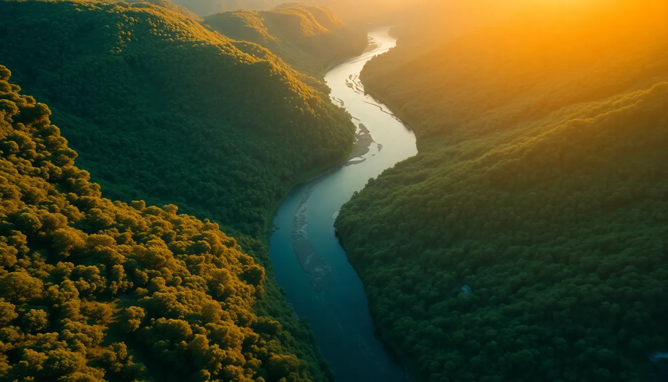 Winding River Through Lush Valley at Sunset