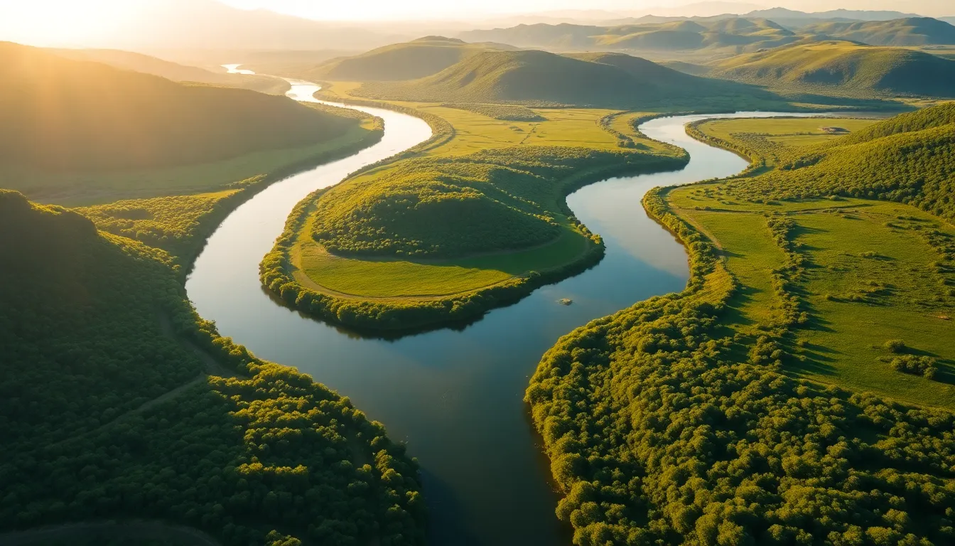 Winding River Through Lush Green Valley