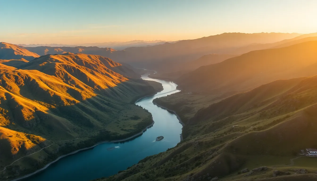 Aerial View of Winding River in Mountains