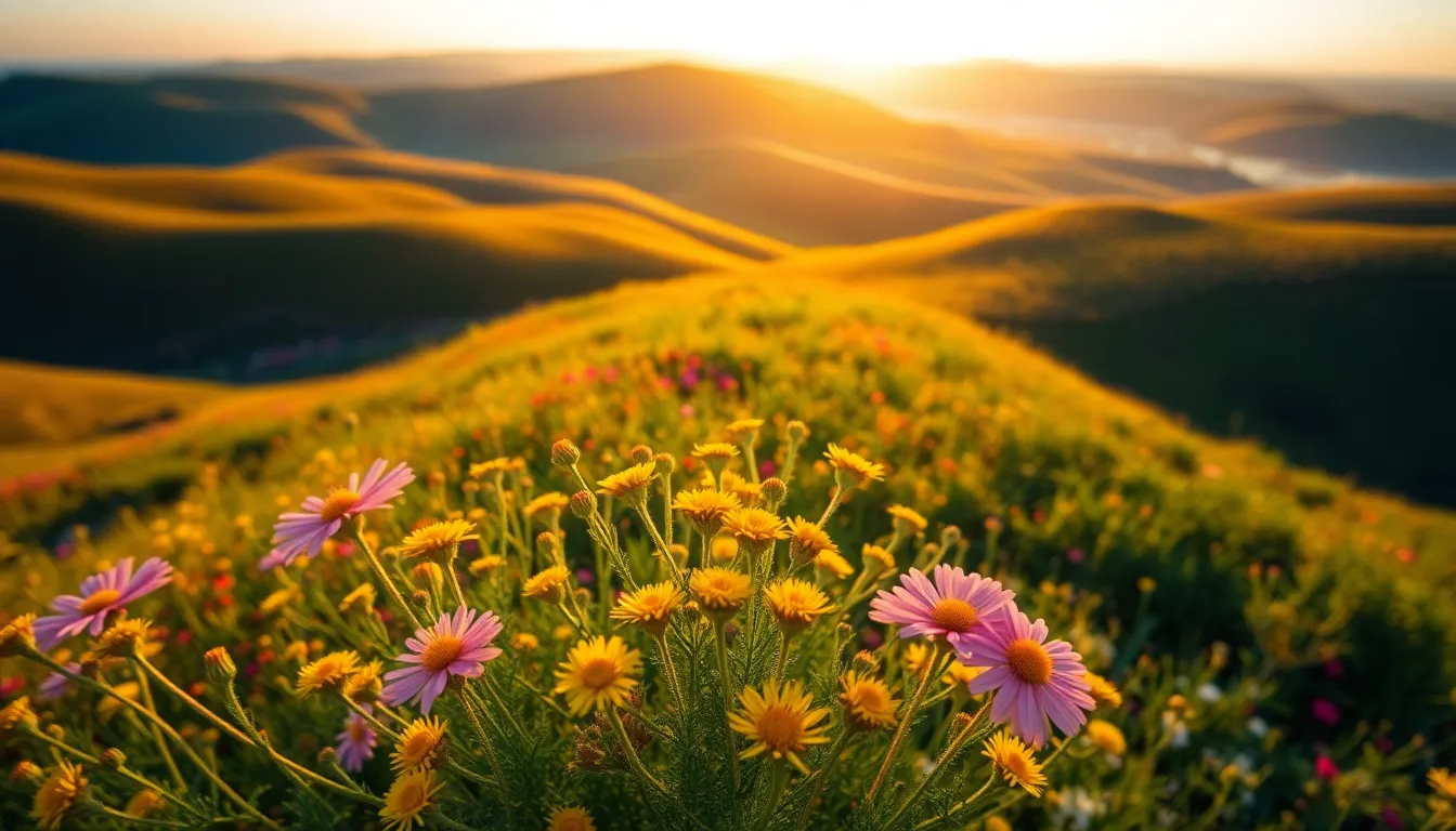 Vibrant Wildflower Hillside Aerial View